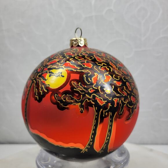 Vtg Poland Halloween Tree Ornament Orange Black Hand Painted Moon Trees Signed - Picture 1 of 16